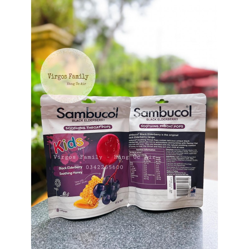 Kẹo mút Sambucol giảm ho cho bé từ 2 tuổi Sambucol Soothing Throat Pops 8 chiếc