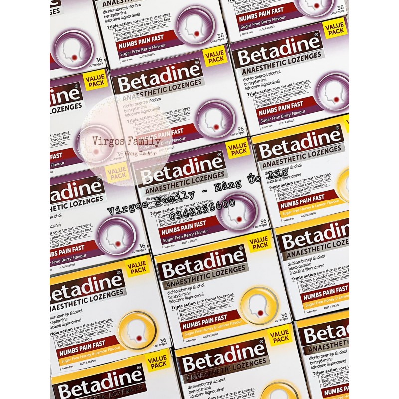 Viên ngậm giảm ho & đau rát họng Betadine Sore Throat Lozenges Anaesthetic 36 viên