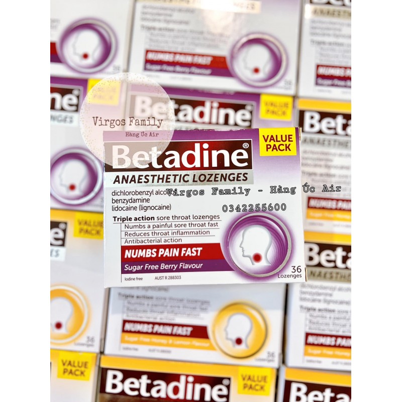 Viên ngậm giảm ho & đau rát họng Betadine Sore Throat Lozenges Anaesthetic 36 viên