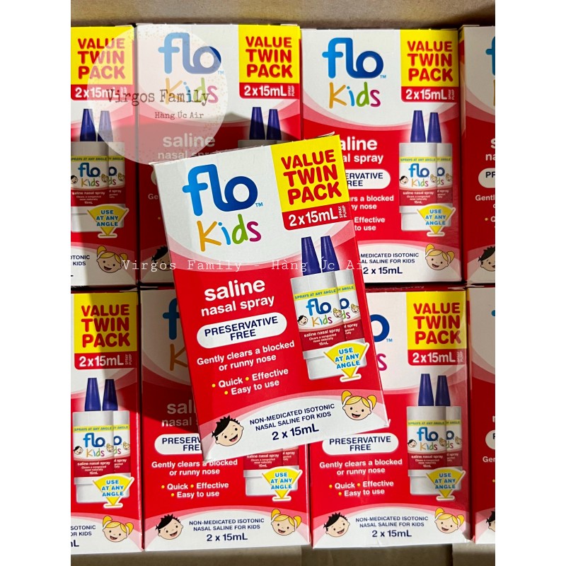 Xịt mũi muối sinh lý dịu nhẹ cho bé FLO Kids Saline Spray Twin Pack 2 × 15 ml