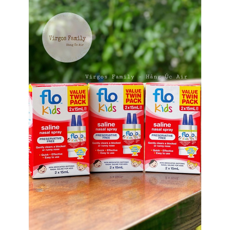 Xịt mũi muối sinh lý dịu nhẹ cho bé FLO Kids Saline Spray Twin Pack 2 × 15 ml