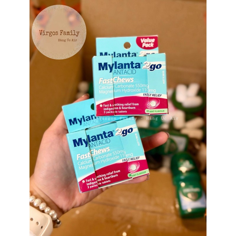 Viên giảm ợ nóng, khó tiêu Mylanta 2Go Antacid FastChews Tablets Mint 3 x 8 Pack
