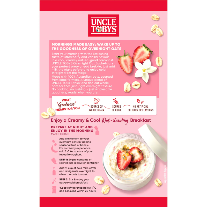 Yến mạch Úc giàu chất xơ Uncle Tobys Overnight Oat Sachets Strawberry & Vanilla 10 gói