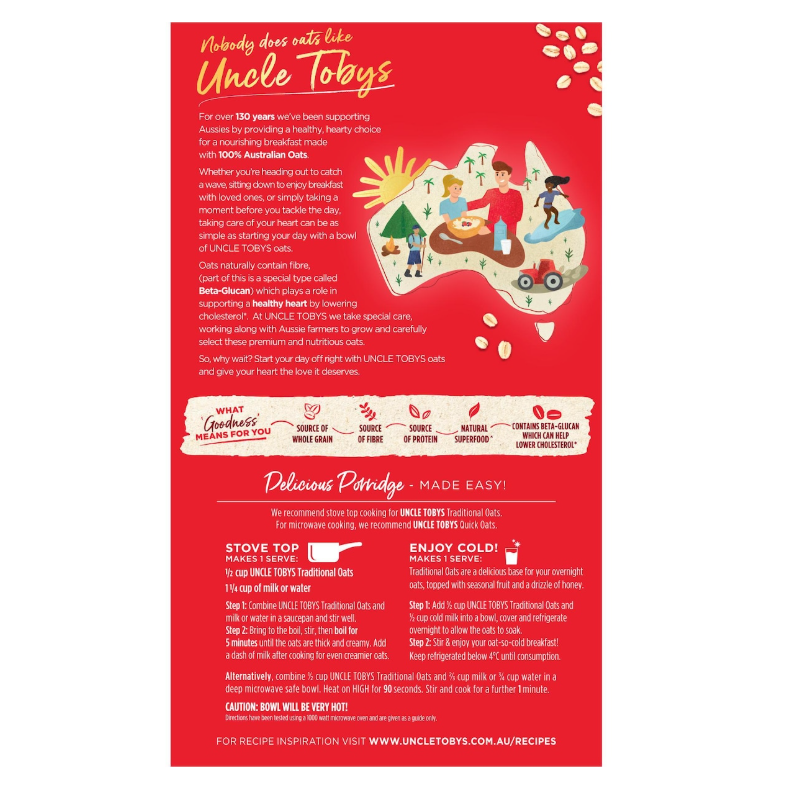 Yến mạch nguyên hạt Úc Uncle Tobys Rolled Oats Traditional Porridge 500g