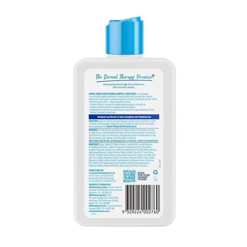 Dầu gội xả 2 trong 1 hỗ trợ phục hồi tóc yêu & giảm gãy rụng Dermal Therapy Hair Restoring Shampoo & Conditioner 210ml