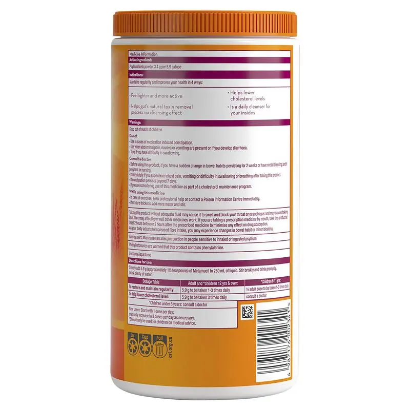 Bột cam bổ sung chất xơ hỗ trợ tiêu hóa Metamucil Fibre Supplement Smooth Orange 114 Dose 673g