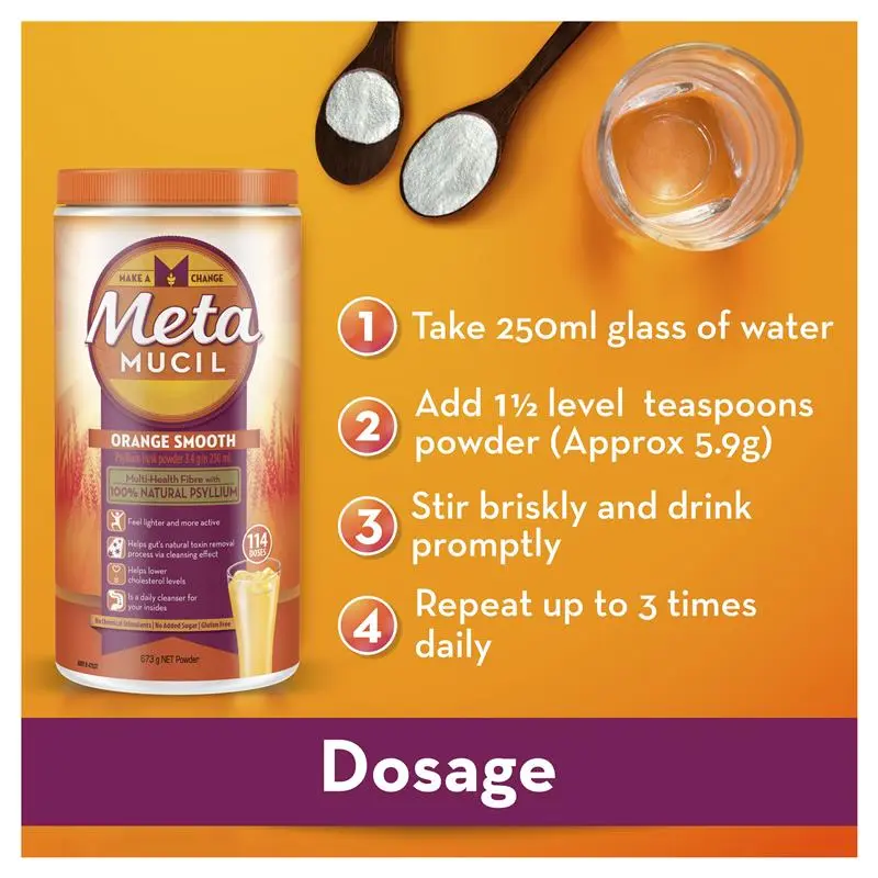 Bột cam bổ sung chất xơ hỗ trợ tiêu hóa Metamucil Fibre Supplement Smooth Orange 114 Dose 673g