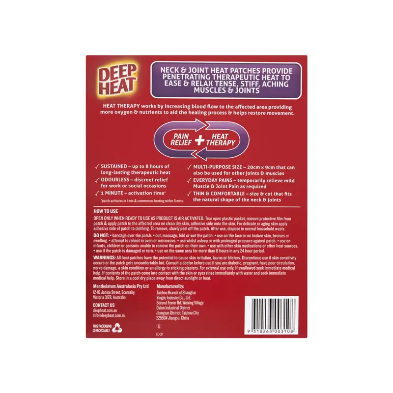 Miếng dán nhiệt hỗ trợ giảm đau mỏi cổ, vai, gáy Deep Heat Neck & Joint Heat Patches 2 miếng