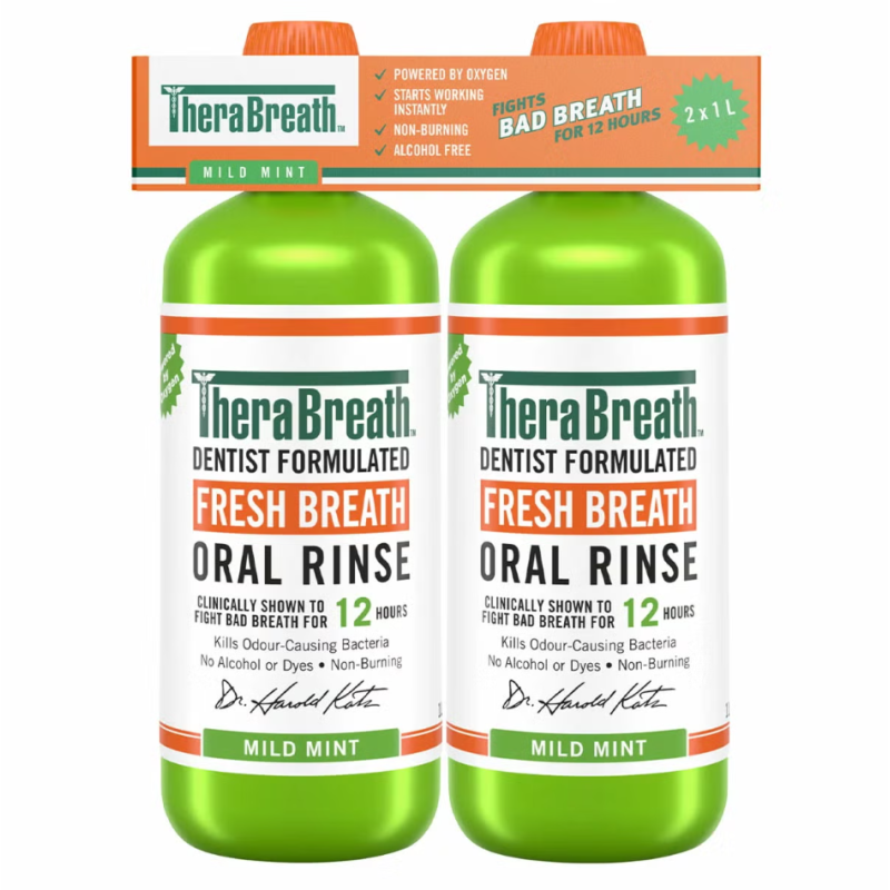 Nước súc miệng mát dịu không cồn TheraBreath Mild Mint Mouthwash 2 x 1L